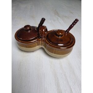 Vintage Pottery Stoneware 3 Tone Condiment Server Bowls w/Lids & 2 Spoons